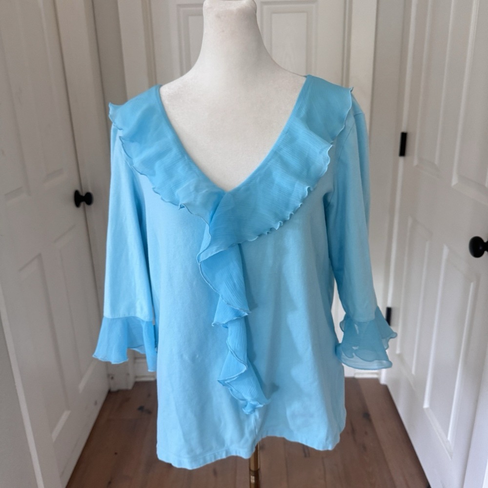 Ruby Rd. Women Sheer Ruffled Solid Blue Cotton Top‎ Shirt Sz Large Feminine
